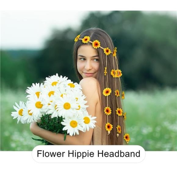 Flower Hippie Headband Floral Crown Behemain Sunflowers Beads Adjust Headdress - Picture 5 of 7